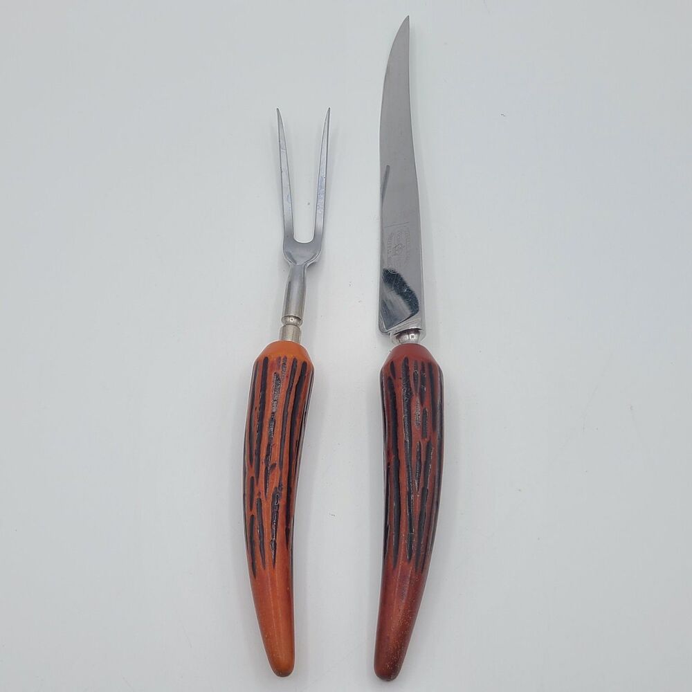 CROWN CREST Carving Set Knife Fork Sheffield England Faux Antler Handles